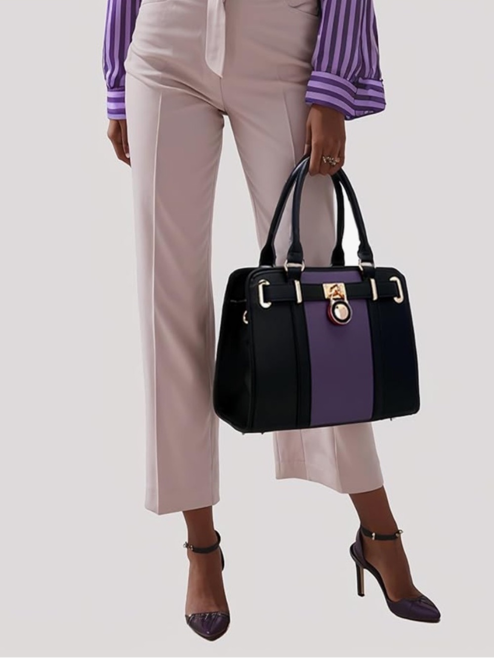 Q1YUER Black & Purple Structured Satchel Handbag Gold Lock Crossbody - Picture 1 of 5